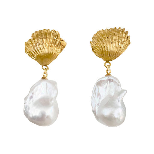 Stunning Shell Baroque Pearl Earrings 14K Yellow Gold