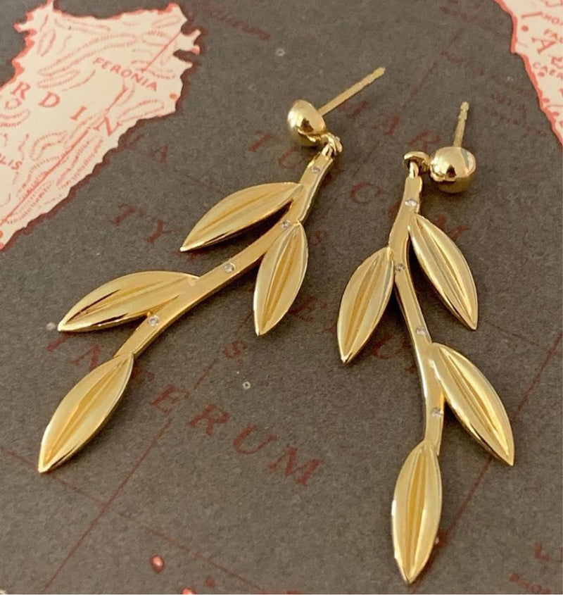 Cyclades Athena 14K Yellow Gold Olive Tree Branch Earrings with diamonds (sold out)