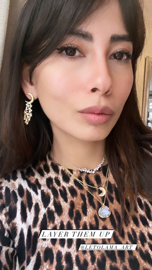 14K Gold Moon Crescent Earrings with Stars and Sapphire dust