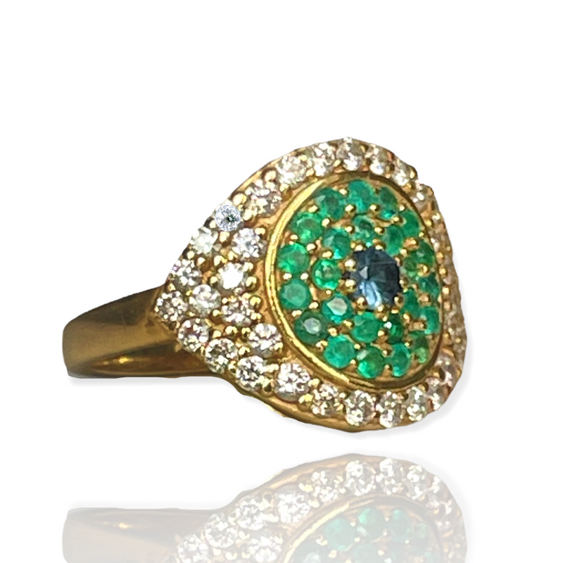 18K Yellow Gold Large Eye Ring with Diamonds with Emeralds