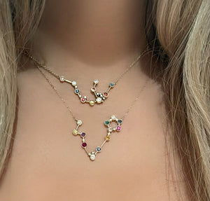 Pisces Constellation Necklace with diamonds and multicoloured sapphires