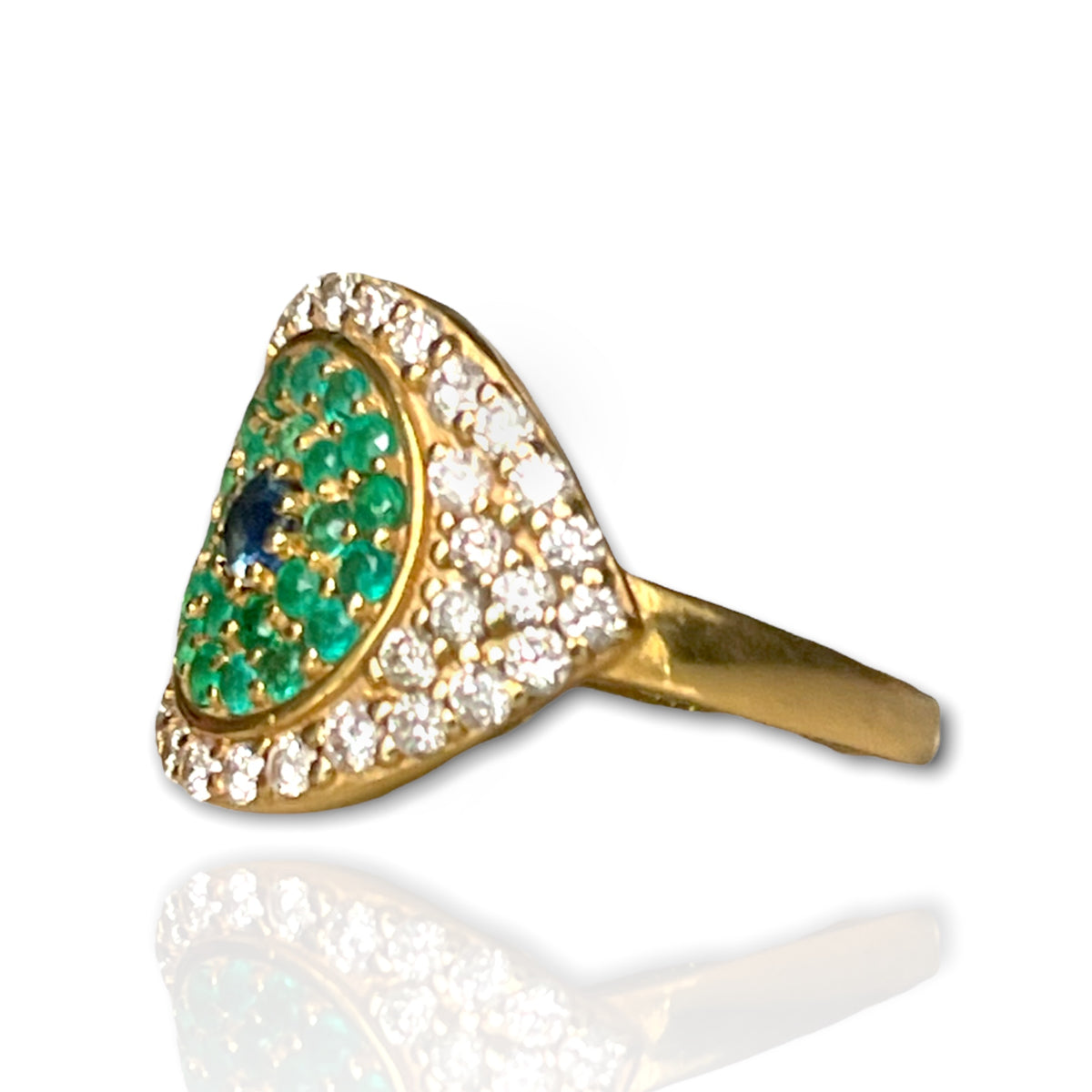 18K Yellow Gold Large Eye Ring with Diamonds with Emeralds
