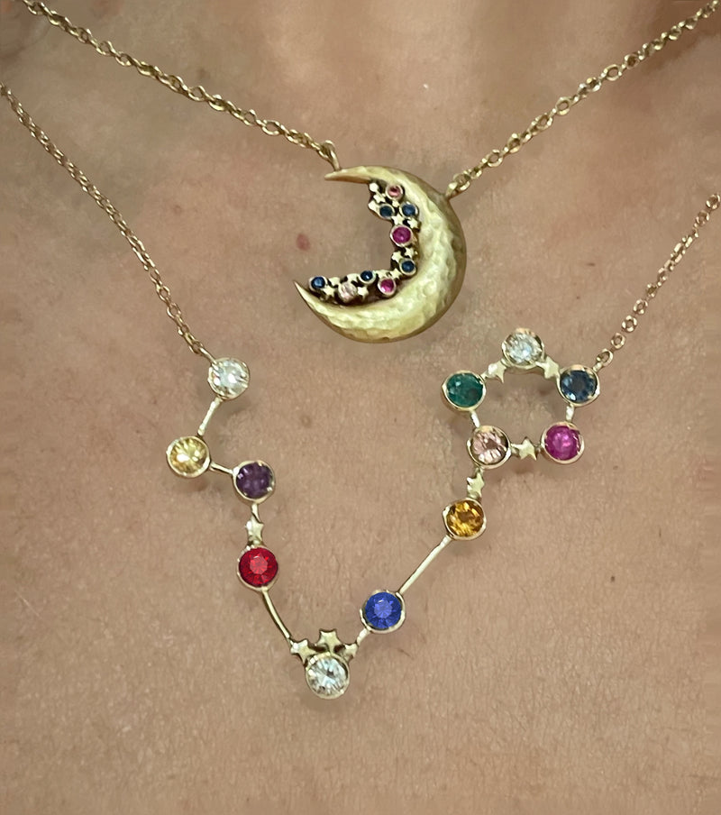 Pisces Constellation Necklace with diamonds and multicoloured sapphires