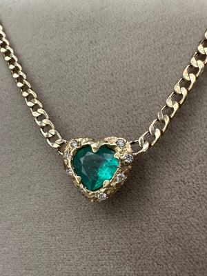 Emerald heart necklace and choker with diamonds on a cuban link chain one of a kind