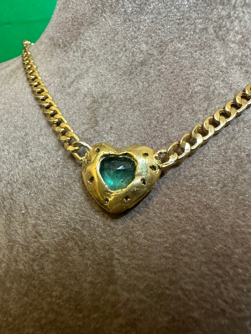 18 Ct Gold Emerald heart and choker with diamonds on a cuban link chain