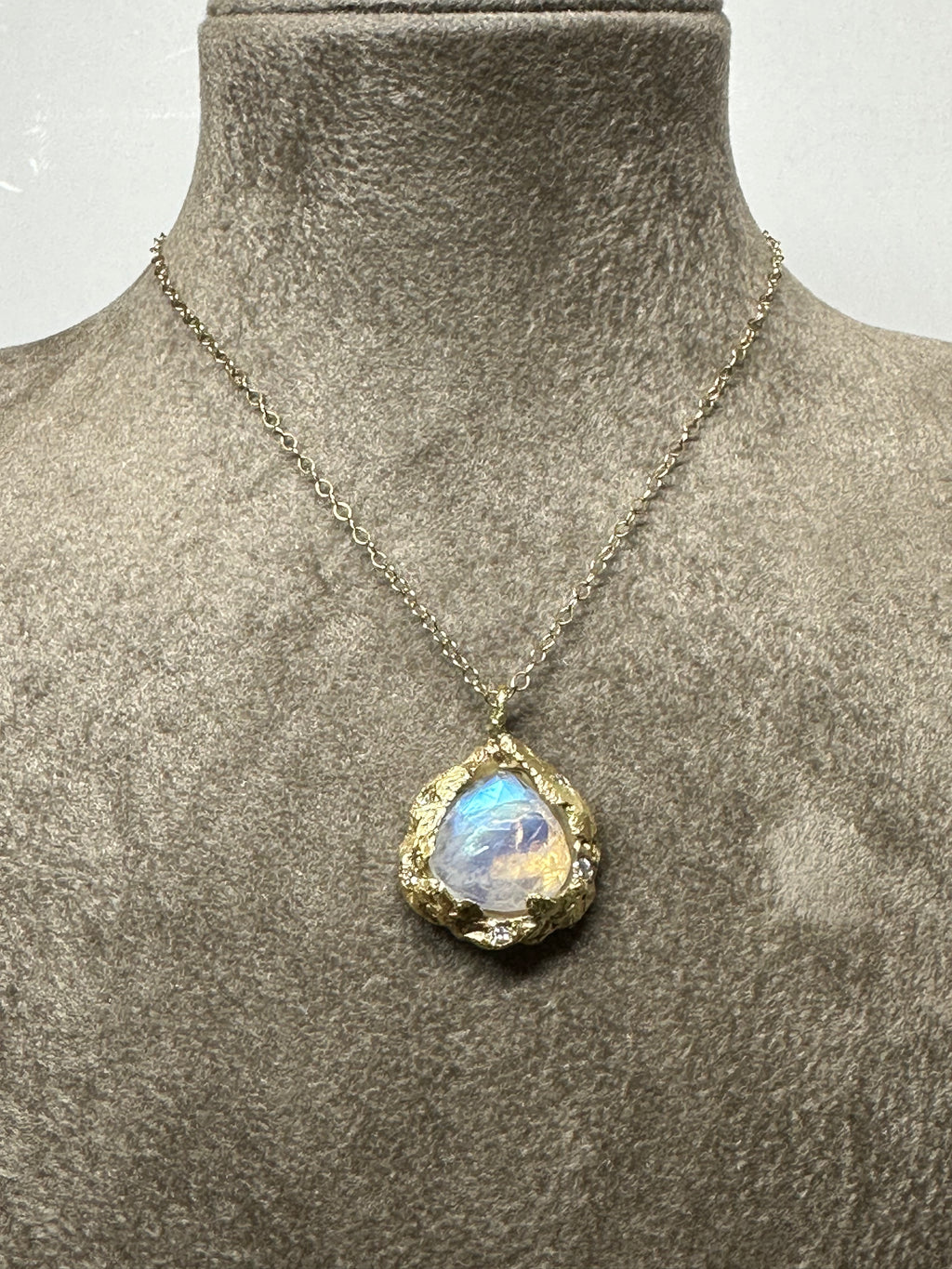 One of a kind 14K Yellow Gold Moonstone with Diamonds Necklace