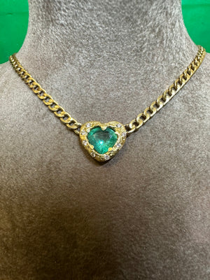 Emerald heart necklace and choker with diamonds on a cuban link chain one of a kind